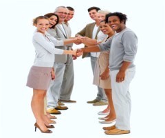 Happy business people standing in a row and shaking hands